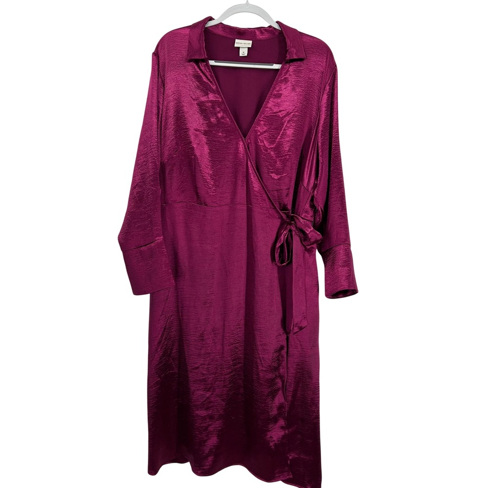 Ava & Viv Womens Plus 1X Magenta Pink Satin Faux Wrap Midi Dress Long Sleeve